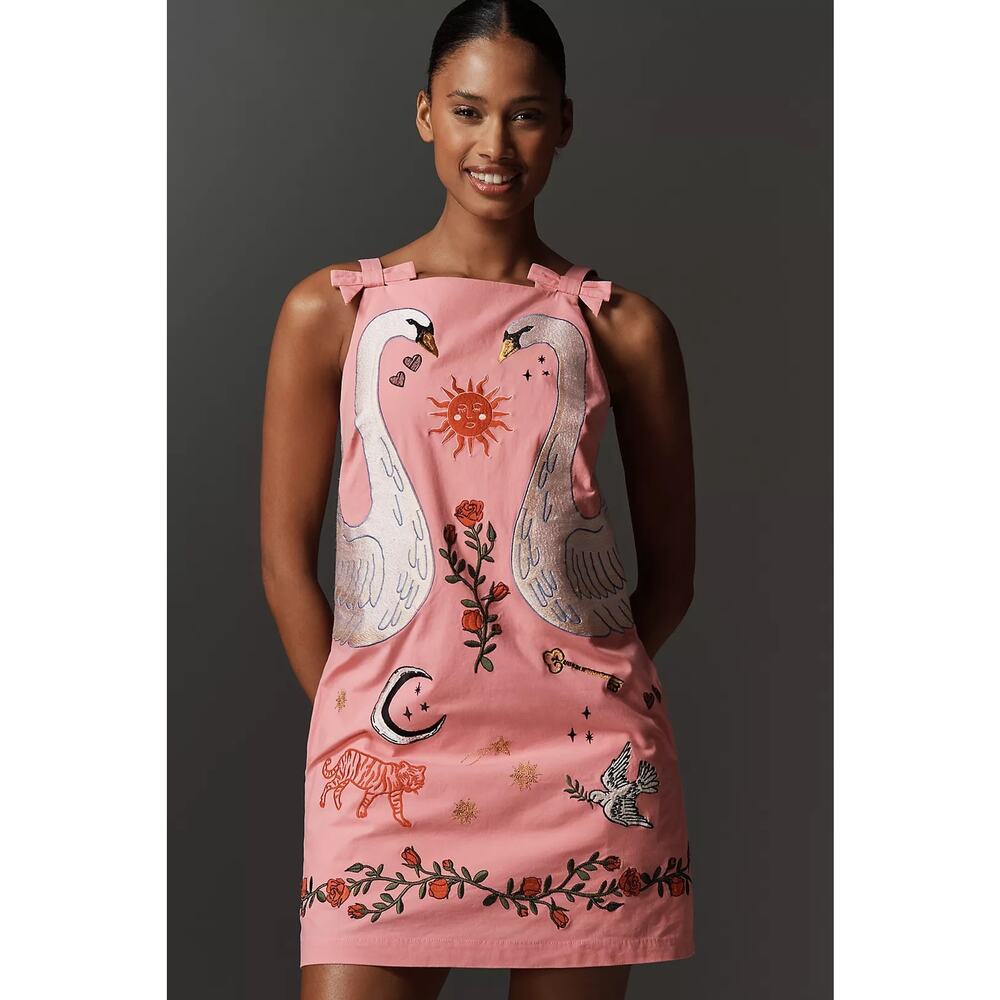 Maeve by Anthropologie Pink Swan Embroidered Bow Mini Shift Dress - Picture 2 of 16